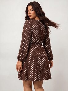 Enliva Plus Size V Neck Polka Dot Dress For Date Night And Brunch - Brown - View 2