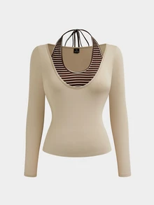 Sweetra Plus Size Casual 2 Pieces Set With Faux Layered T-Shirt And Striped Skirt - Brown - View 4
