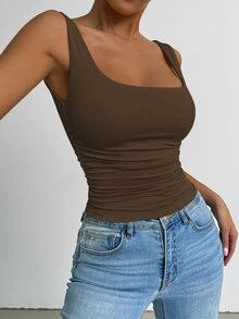 SHEIN PETITE 女款酒紅色方領寬肩帶抓皺修身短版背心，適合日常通勤、音樂節、約會之夜、海灘度假、開學季、休閒購物、酒吧聚會、居家懶散穿搭 - 咖啡棕 - 查看 6