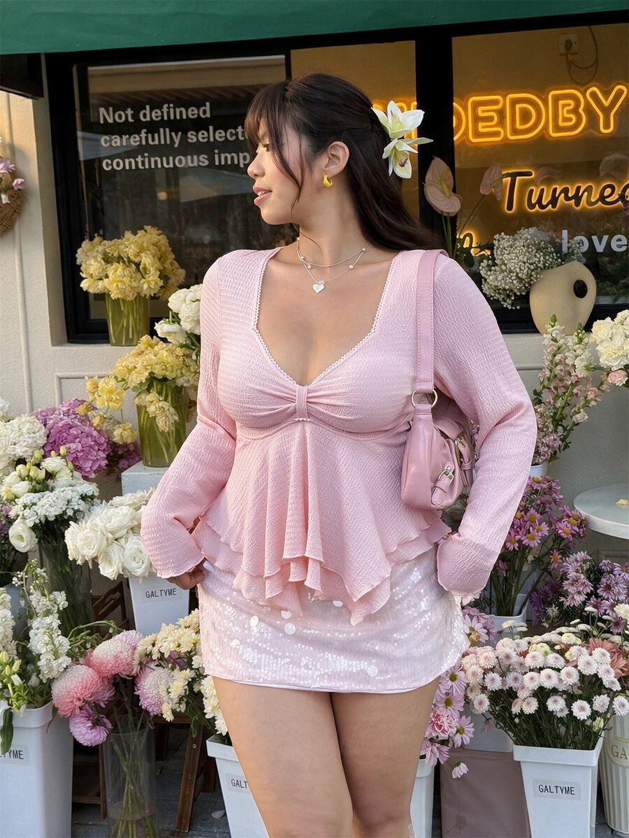 GalTyme 大尺碼甜美街頭風抓皺長袖T恤，約會穿搭 - 粉色 - 查看 1