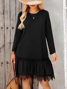 EMERY ROSE Women's Solid Color Round Neck Long Sleeve Contrast Lace Ruffle Hem Casual Short Dress - Black - View 3