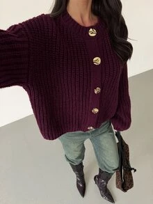 Firerie Vintage Metal Button Long Sleeve Knit Cardigan - Red - View 4