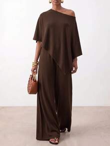 Zivah Set Kasual Wanita Atasan dan Celana Panjang dengan Bahu Asimetris Warna Polos - Coklat - View 7