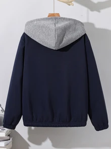 SHEIN جاكيت هوديي طويل الأكمام بسحاب للأولاد المراهقين بتصميم مخطط وألوان متباينة - متعدد الألوان - مشاهدة 2