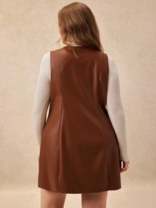 Écloséra Curve Women's Plus Size Autumn/Winter Solid Brown PU Leather Fashion Minimalist Front Button Cinched Waist A-Line Dress, Suitable For Commuting, Shopping And Other Daily Occasions - Brown - View 2