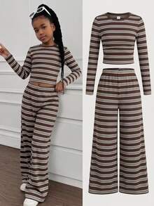 SHEIN Tween Girl Striped Long Sleeve T-Shirt And Pants Casual Daily Outfit - Coffee Brown - View 2