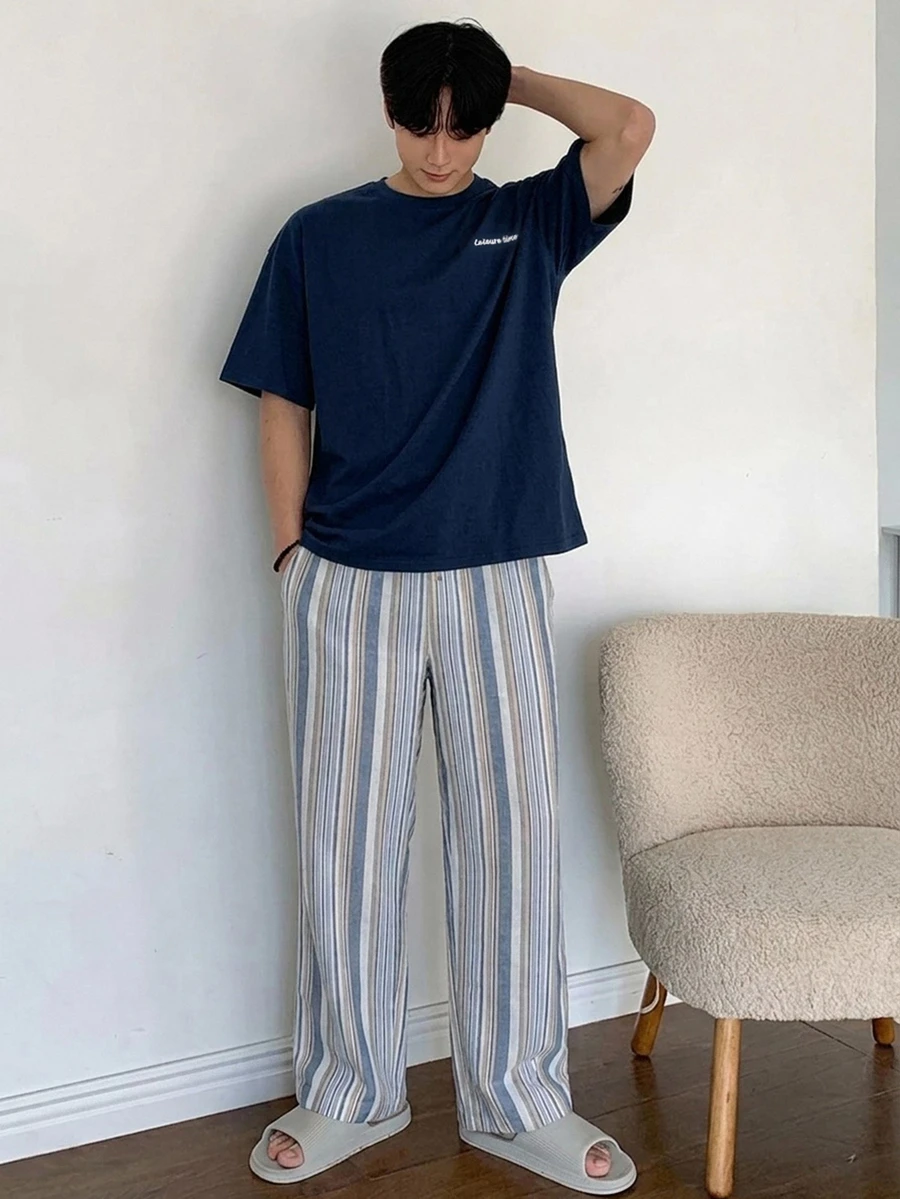 DAZY Summer Letter Print T-Shirt And Plaid Pants Men's Loungewear Set - Navy Blue - View 1