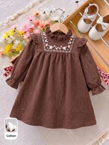 Baby Girl Ruffle Collar Floral Print Long Sleeve Casual Sweet Dress - Coffee Brown - View 5