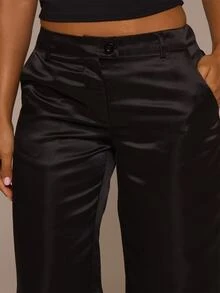 MUSERA ESSENTIALS Black Satin Low Rise Straight Leg Pants Autumn Winter Night Out Day To Eve - Black - View 5