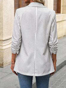 SHEIN LUNE 女款休閒夏季度假通勤日常基礎時尚外穿條紋秋冬薄款西裝外套 辦公商務黑白條紋 - 白色 - 查看 2