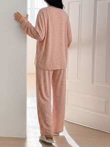 DAZY Women's Heart Pattern Long Sleeve Top And Pants Casual Daily Home Sleepwear Set - Pink - View 2