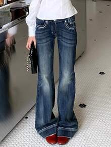 DAZY Women's Dark Blue Washed Distressed Low Waist Contrast Stitch Pocket Slim Fit Flared Denim Jeans - Blue - View 3