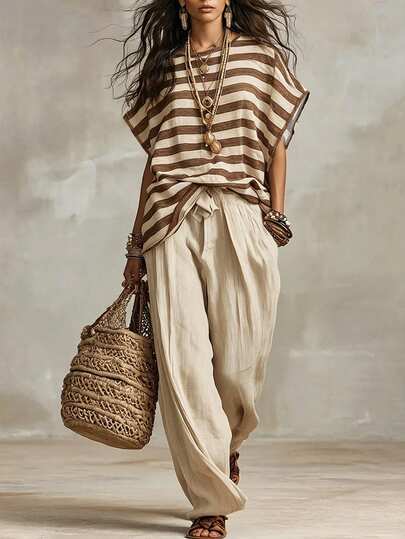 Linhara CURVE French Elegant Woven Striped Fabric Round Neck Short Sleeve, Loose Fit Faux Linen Fabric, Elegant Women's Blouse, Summer Women's Blouse, Summer Outfit, Beach Outfit, Beach Blouse, Casual Top, Women's Vacation Outfit, Vacation Blouse, Women's Casual Blouse, Country Style Blouse, Women's Country Style Clothing