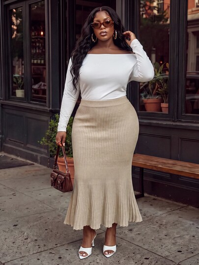 Slaydiva Rok Rajut Slim Fit Ukuran Plus Model Ekor Duyung Gradien Bergaris Elegan untuk Perjalanan Musim Gugur/Dingin - Khaki