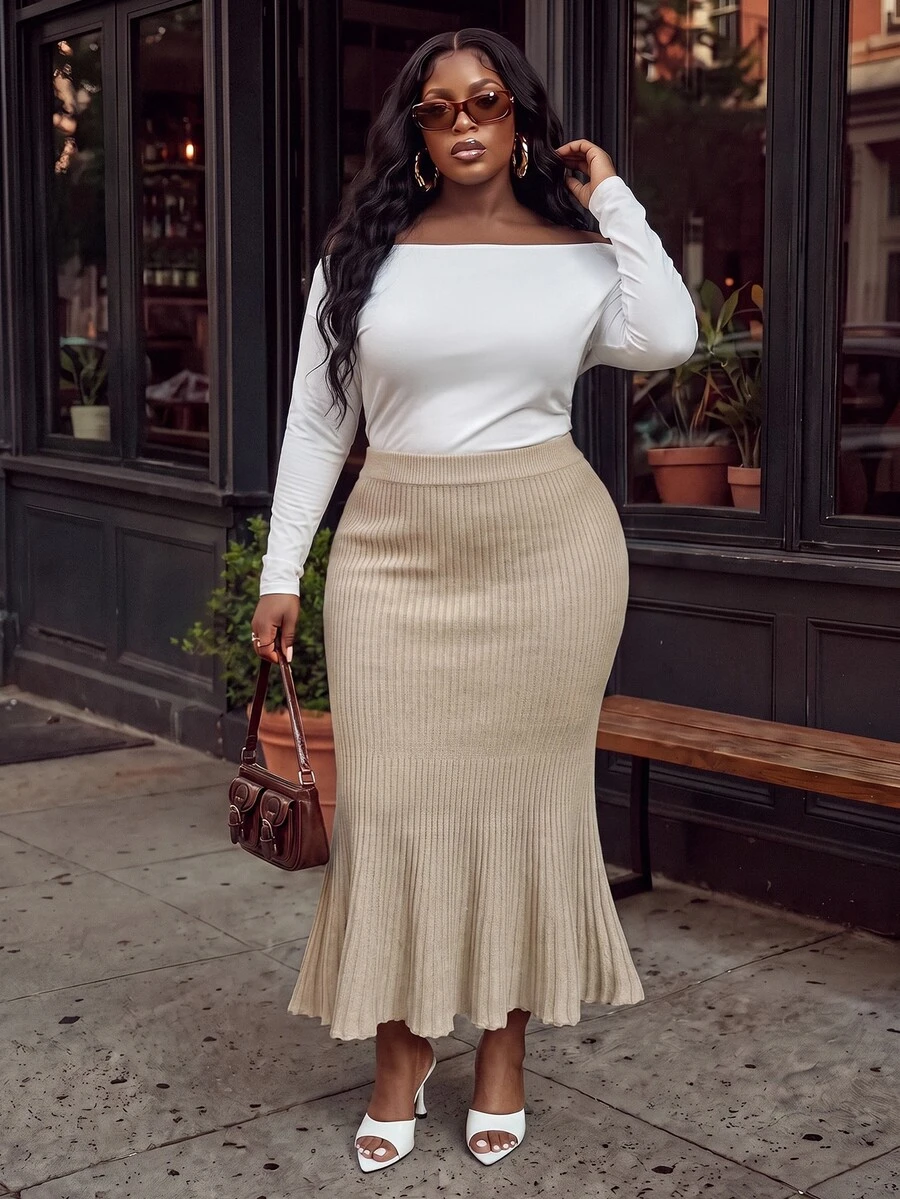Slaydiva Autumn/Winter Elegant Commute Date Gentle Versatile Ribbed Gradient Mermaid Tail Slim Fit Plus Size Knit Skirt - Khaki - Khaki - View 1