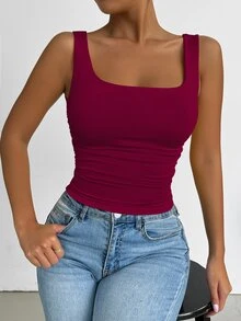 SHEIN PETITE 酒紅色基本款方領寬肩帶背心，適合日常通勤、音樂節、約會之夜、海灘度假、返校季、休閒購物、酒吧聚會、休閒運動風、居家慵懶穿搭 - 酒紅色 - 查看 5