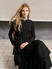 MOTF PREMIUM WOMEN'S ELEGANT COMMUTE WAIST-CINCHED RUFFLE HEM MID-LENGTH DRESS - Black - View 6