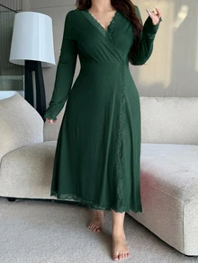 Dazy Plus 對比蕾絲性感居家服 大尺碼女款優雅中長款睡裙 - 墨綠色 - 查看 3