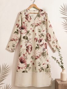 Rusticease Middle-Aged Women Floral Pattern Casual Granny Daily Going Out Vacation Fall Dress Beige - Multicolor - View 1