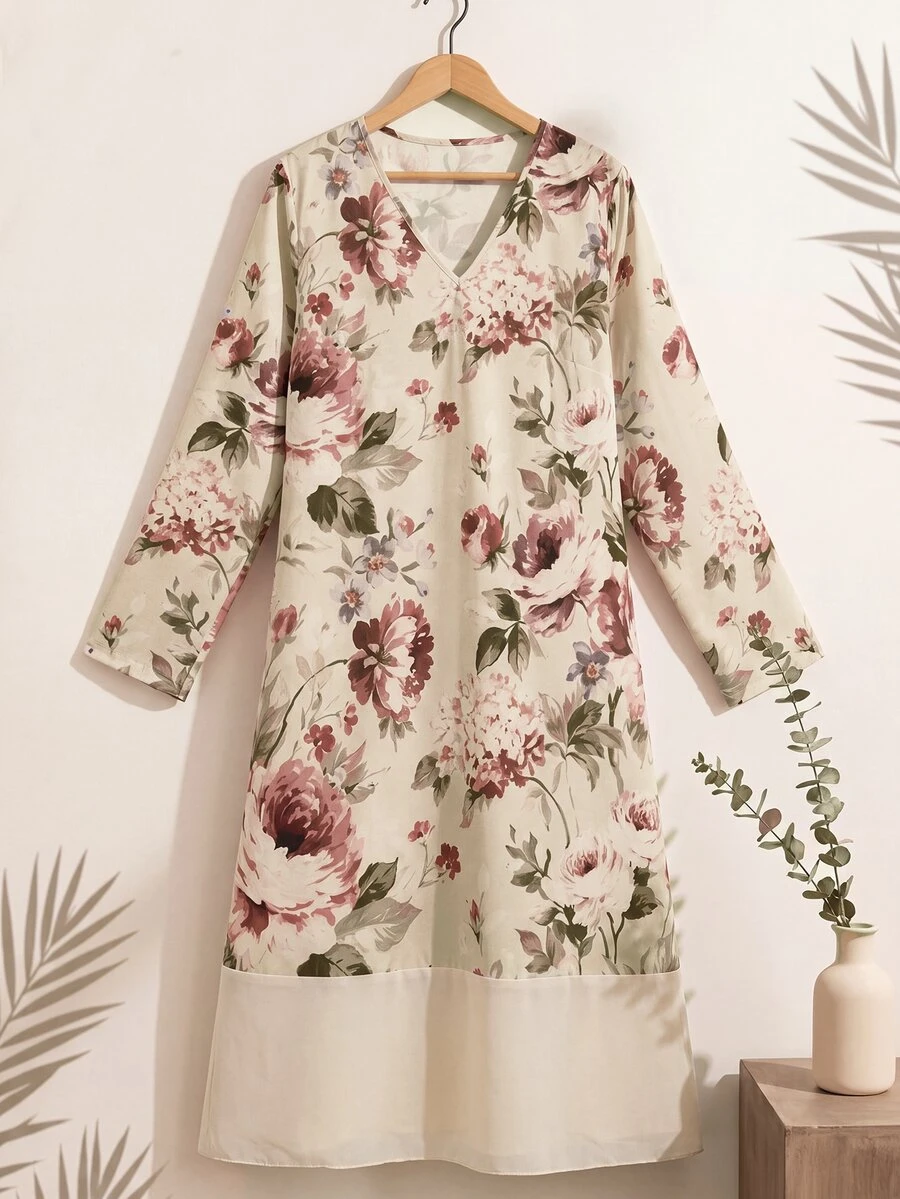 Rusticease Middle-Aged Women Floral Pattern Casual Granny Daily Going Out Vacation Fall Dress Beige - Multicolor - View 1