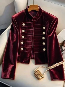 SHEIN Vintage Royal Style Velvet Short Jacket For Women, Stand Collar Gold Button Design Long Sleeve Burgundy Short Coat - Burgundy - View 1