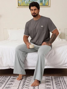 DAZY Summer Solid Color Patchwork T-Shirt & Men's Loungewear Set - Grey - View 1