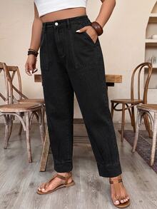 Breezaya CURVE Plus Size Pure Black Distressed Denim Carrot Pants With Semi-Elastic Waist, Rolled Hem, Multiple Pockets, Flattering Fit, Versatile Casual Pants - Black - View 5