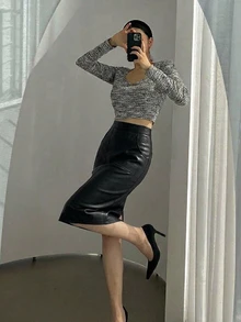 DAZY 女款純色口袋設計優雅PU半身裙 - 黑色 - 查看 3