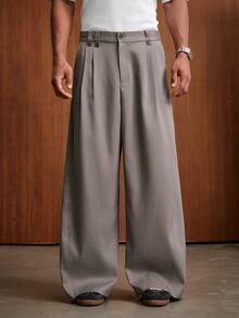 TOKVUE Men's Solid Color Pleated Wide Leg Loose Casual Long Pants - Gray green - View 1