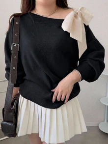 Dazy Plus Contrast Color Cold Shoulder Dropped Shoulder Long Sleeve Bowknot Loose Casual Versatile Pullover Sweater Spring Autumn New Arrival - Black - View 5