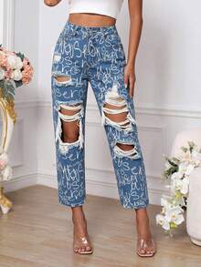 SHEIN PETITE 女款破洞字母印花鈕扣修身時尚牛仔褲 - 藍色 - 查看 4