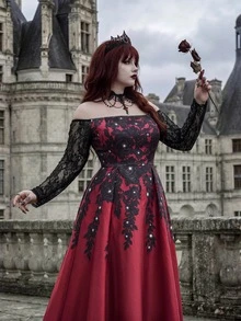 Whyspr Plus Size Sexy Hot Girl Off-Shoulder Lace Flare Dress - Burgundy - View 4