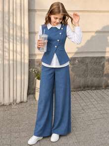 SHEIN 女童秋季休閒 80 年代可愛 V 領無袖腰帶夾克、長袖白色襯衫、寬腿直筒長褲三件套，校園藍 - 藍色 - 查看 5
