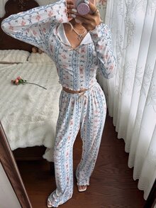 CottageSlumber Bear Ditsy Floral Lapel Home Set Ribbed Frill Trim Long Sleeve Long Pants Pajamas - White - View 3
