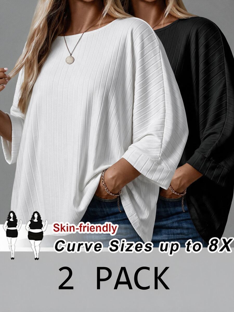 SHEIN CURVE+ 2PCS Plus Size T-Shirts - Black and White - View 1