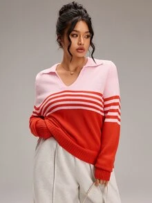 EMERY ROSE Plus Size Women's Pink And Red Polo Collar Striped Colorblock Ribbed Cuff Long Sleeve Knit Top Fall/Winter Warmth - Multicolor - View 2