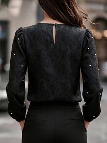 SHEIN Women's Woven Elegant Beaded Jacquard Fall Blouse - Black - View 2