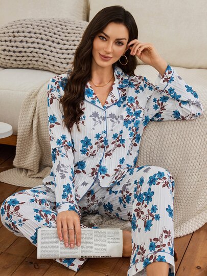 Serenescape Women's New Plant Print Casual Long Sleeve Long Pants Pajama Set