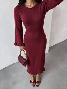 Glamine Women's Solid Color Round Neck Raglan Long Sleeve Elegant Sexy Backless Tie-Up Long Knit Dress Going Out Dinner Night Burgundy Fall Christmas New Year - Burgundy - View 4