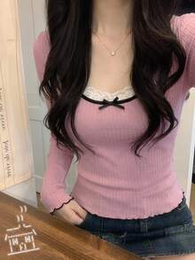 DAZY Contrast Color Lace Trim Fitted Long Sleeve Elegant Vacation Korean Style Casual Autumn/Winter Women's T-Shirt - Pink - View 6