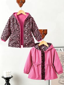 SHEIN 1件少女純色豹紋簡約收腰設計休閒連帽外套，適合秋冬穿著，適用於學校、戶外活動、家庭聚會，保暖舒適 - 粉色 - 查看 1