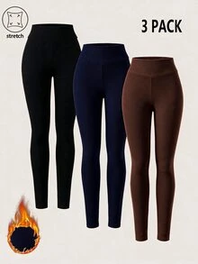 SHEIN BASICS Legging Ketat Wanita Warna Polos Kasual Serbaguna untuk Pemakaian Sehari-hari, 3 pcs/pack - MultiWarna - View 5