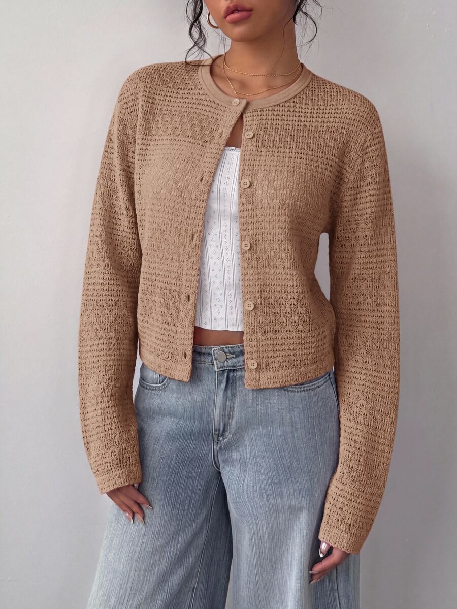 SHEIN BASICS 女款優雅鏤空鈕扣針織薄款開襟衫 - 卡其色 - 查看 1