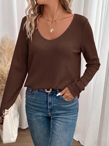 SHEIN Frenchy 蕾絲拼接長袖華夫格面料T恤 - 巧克力棕 - 查看 2