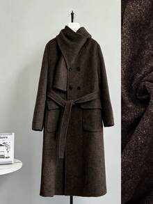 GlowEve CURVE Women's Scarf Collar Tie Long Double-Breasted Overcoat, Suitable For Autumn/Winter, Vacation, Outing, Commuting And Various Occasions - Brown - View 1