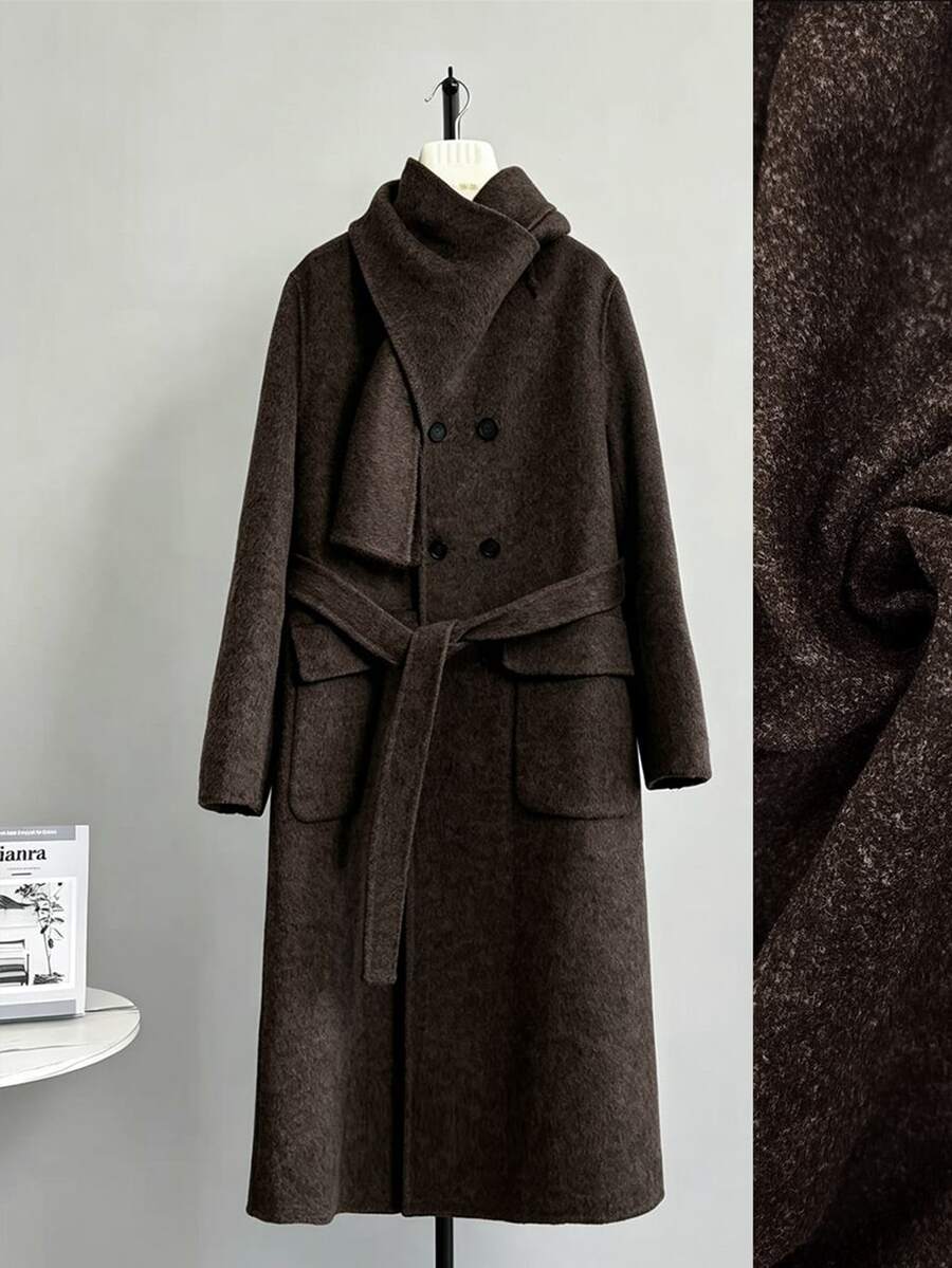 GlowEve CURVE Women's Scarf Collar Tie Long Double-Breasted Overcoat, Suitable For Autumn/Winter, Vacation, Outing, Commuting And Various Occasions - Brown - View 1