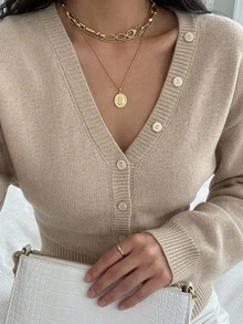 DAZY Cardigan Rajut Wanita Warna Beige, Kerah V, Kancing Tunggal, Pinggang Pas, Hem Bergaris, Lengan Panjang, Serbaguna - Khaki - View 2
