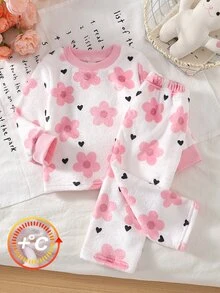 SHEIN 女嬰甜美韓風粉色蝴蝶結印花法蘭絨圓領寬鬆長袖秋季/秋冬褲子2件套，加厚雙面抓毛 - 彩色 - 查看 6