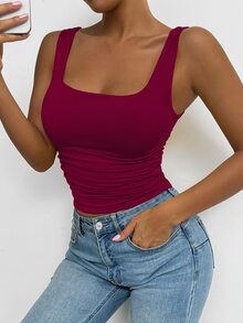 SHEIN PETITE 酒紅色基本款方領寬肩帶背心，適合日常通勤、音樂節、約會之夜、海灘度假、返校季、休閒購物、酒吧聚會、休閒運動風、居家慵懶穿搭 - 酒紅色 - 查看 6