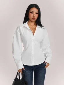 SHEIN PETITE 女款法庭風燈籠袖後綁帶收腰長袖襯衫 - 白色 - 查看 3